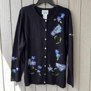 Quacker Factory Floral Cardigan L NWOT 3D Beaded Sequin Iridescent Detail